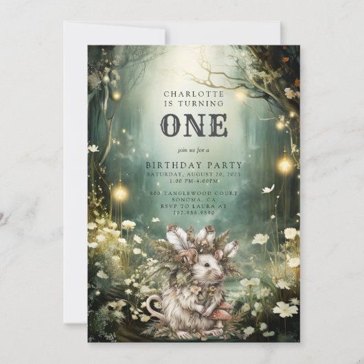 Bezauberte Waldmäuse 1. Geburtstag Einladung (Vorderseite)