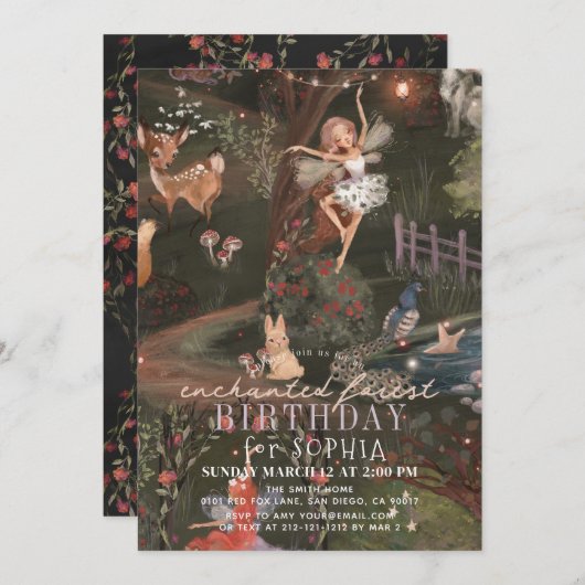Bezauberte Waldtiere, Waldtiere, die zum Geburtsta Einladung (Vorne/Hinten)