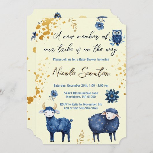 Bezauberte Watercolor Woodland Gold Baby Dusche Einladung (Vorne/Hinten)