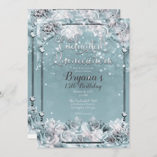 Bezauberte Winter-Rose Silver White Quinceañera Einladung (Vorne/Hinten)