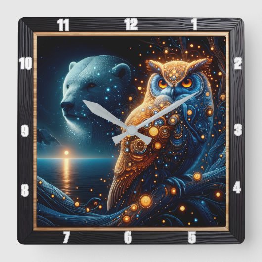 Bezauberter Abend mit Bär und Schüssel in Harmonie Quadratische Wanduhr (Vorderseite)
