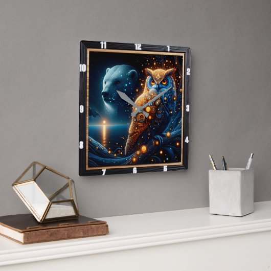 Bezauberter Abend mit Bär und Schüssel in Harmonie Quadratische Wanduhr (Büro)