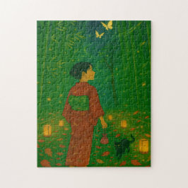Bezauberter Bambusweg mit Kimono Girl and Cat Puzzle