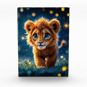 Bezauberter, blau-mit Augen Löwenwürfel in glühend Fotoblock