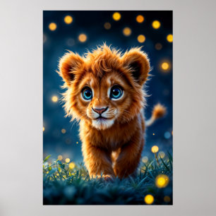 Bezauberter, blau-mit Augen Löwenwürfel in glühend Poster