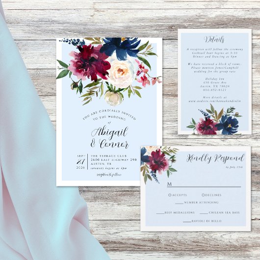 Bezauberter Garten Light Blue Burgundy Marine Einladung