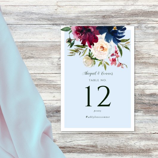 Bezauberter Garten Light Blue Burgundy Marine Tischnummer