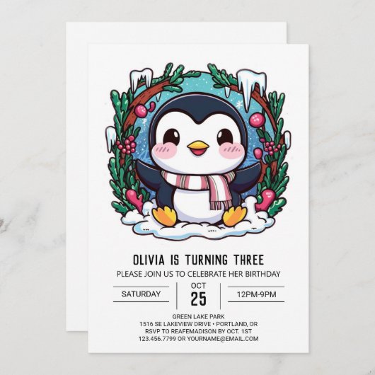 Bezauberter Niedlicher Pinguin Digitaler Geburtsta Einladung (Vorne/Hinten)