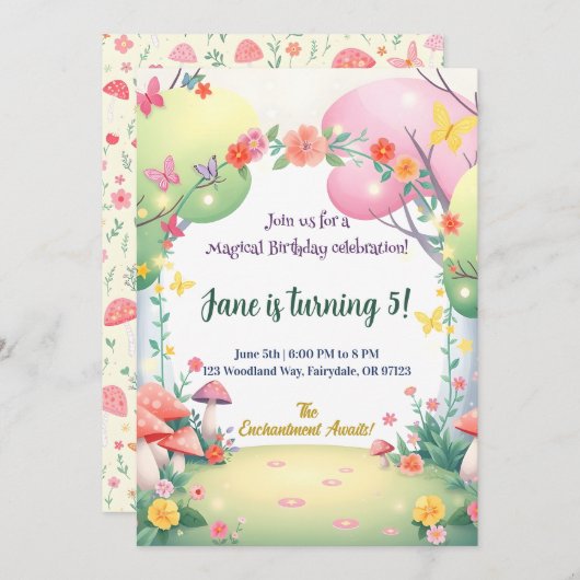 Bezauberter Pilzwald zum Geburtstag Einladung (Vorne/Hinten)