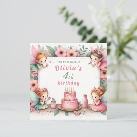 Bezauberter Rosa Feengarten - Geburtstag Einladung (Stehend Vorderseite)