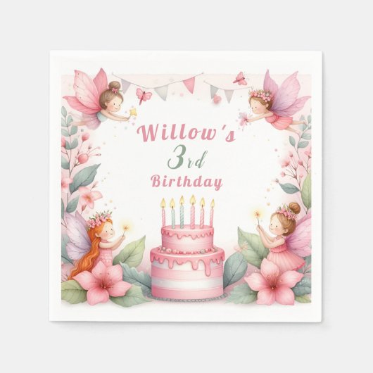 Bezauberter Rosa Feengarten - Geburtstag Serviette (Vorderseite)