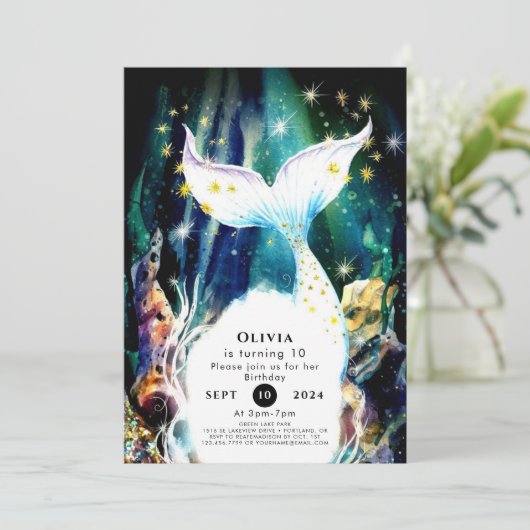 Bezauberter Seashells Meerjungfrau zum Geburtstag Einladung (Stehend Vorderseite)