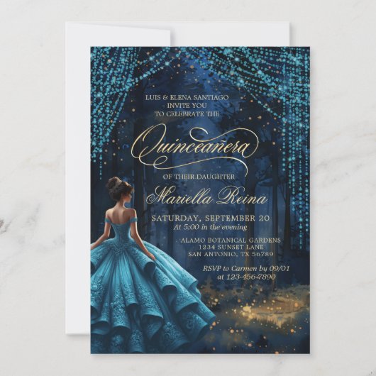 Bezauberter Wald Aquamarin Quinceañera Einladung (Vorderseite)