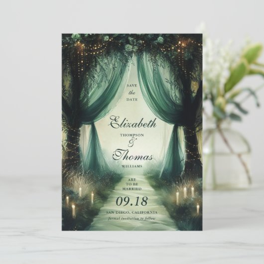 Bezauberter Wald Elegant Moody Dark Foto Hochzeit Save The Date (Stehend Vorderseite)