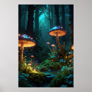 Bezauberter Wald mit Fantasiewesen und Glowin Poster