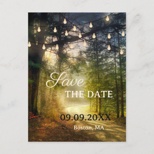 Bezauberter Wald QR Save the Date Postkarte (Vorderseite)