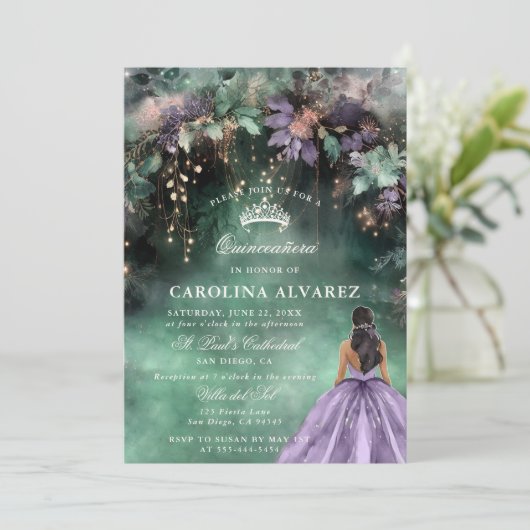 Bezauberter Wald Rosa Lavendel Elegant Quinceanera Einladung (Stehend Vorderseite)
