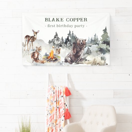 Bezauberter Wald Rustikaler Wald Junge 1. Geburtst Banner (Insitu)