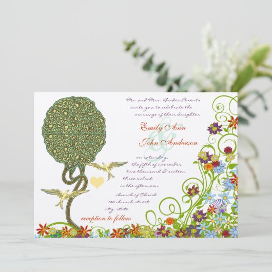 Bezauberter Waldpatchwork Blumenmauerbaum Einladung (Stehend Vorderseite)