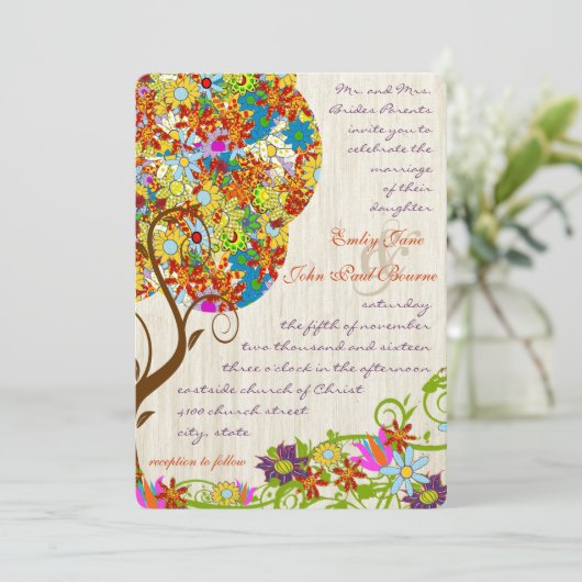 Bezauberter Waldpatchwork Blumenmauerbaum Einladung (Stehend Vorderseite)