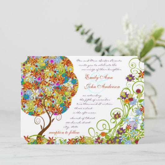 Bezauberter Waldpatchwork Blumenmauerbaum Einladung (Stehend Vorderseite)