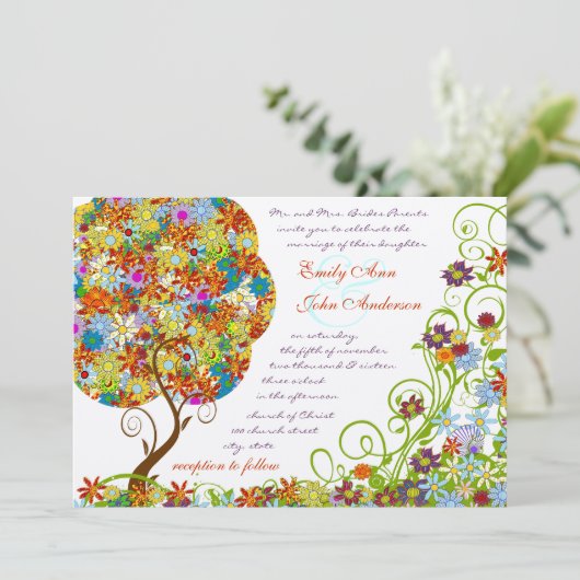 Bezauberter Waldpatchwork Blumenmauerbaum Einladung (Stehend Vorderseite)