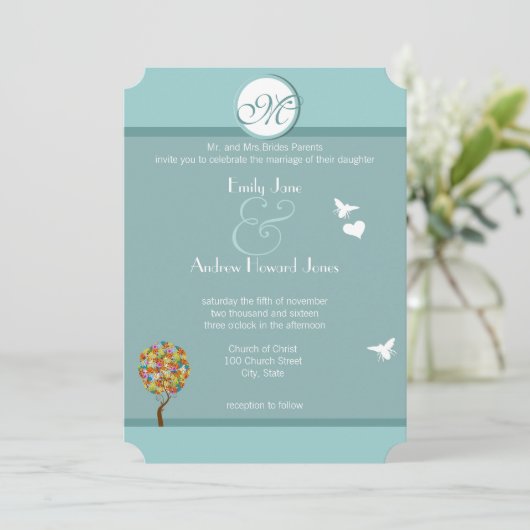 Bezauberter Waldpatchwork Blumenmauerbaum Einladung (Stehend Vorderseite)