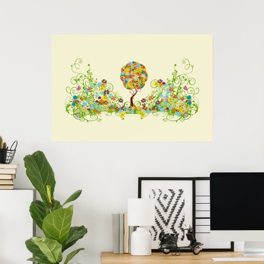 Bezauberter Waldpatchwork Blumenmauerbaum Poster (Heimbüro)