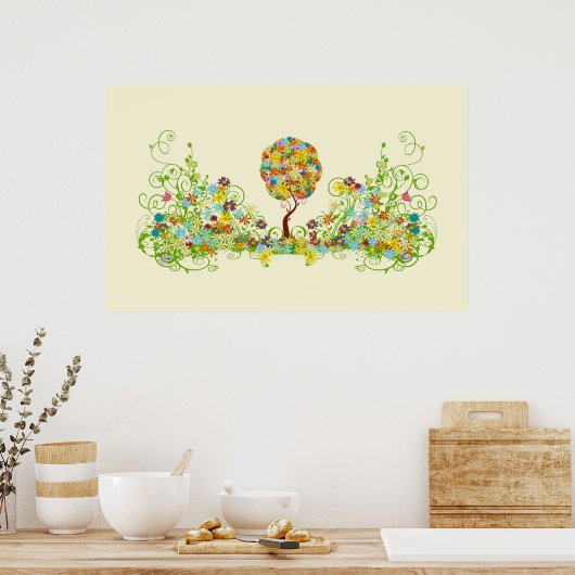 Bezauberter Waldpatchwork Blumenmauerbaum Poster (Küche)