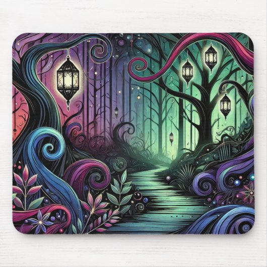 Bezauberter Waldweg mit glühenden Lantern Mousepad (Vorne)