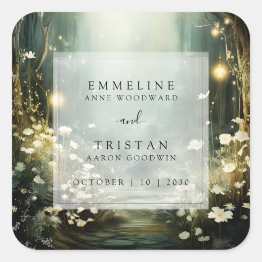 Bezauberter Waldweg von Blume Grüne Hochzeit Quadratischer Aufkleber (Vorderseite)