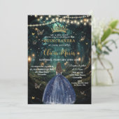 Bezaubertes blaues Kleid der Waldnacht Quinceañera Einladung (Stehend Vorderseite)