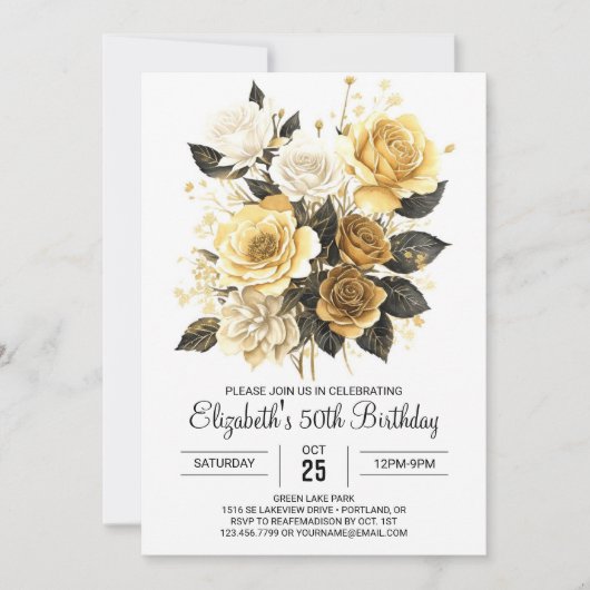 Bezaubertes Blumengold und Schwarz 50. Geburtstag Einladung (Vorderseite)