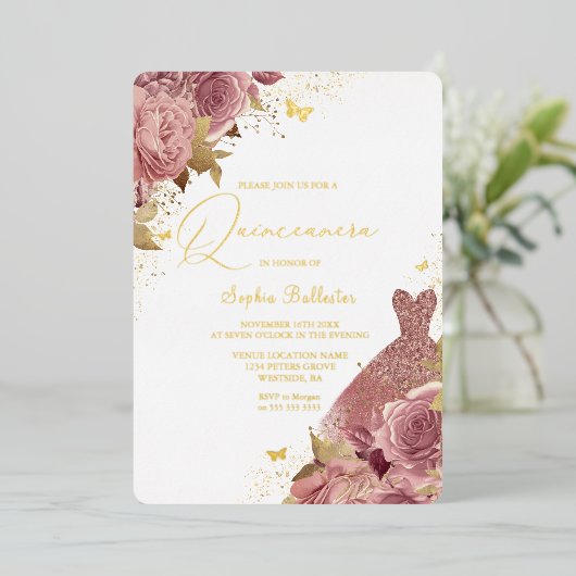 Bezaubertes Blush Dress Floral Quinceanera Real Go Folieneinladung (Stehend vorne)