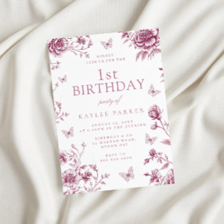 Bezaubertes Blush Dusty Rose 1. Geburtstag Party Einladung