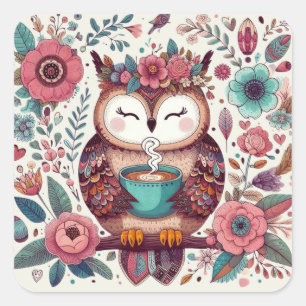 Bezaubertes Boho Owl: Whimsical Floral Art Quadratischer Aufkleber