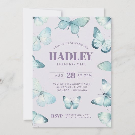 Bezaubertes Lila Blauer Schmetterling-Mädchen Gebu Einladung (Vorderseite)
