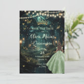 Bezaubertes Waldmagen Grünes Kleid Quinceañera 16 Save The Date (Stehend Vorderseite)