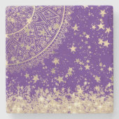 Bezauberung Mandalas mit Gold Stars auf Lila Steinuntersetzer (Vorderseite)