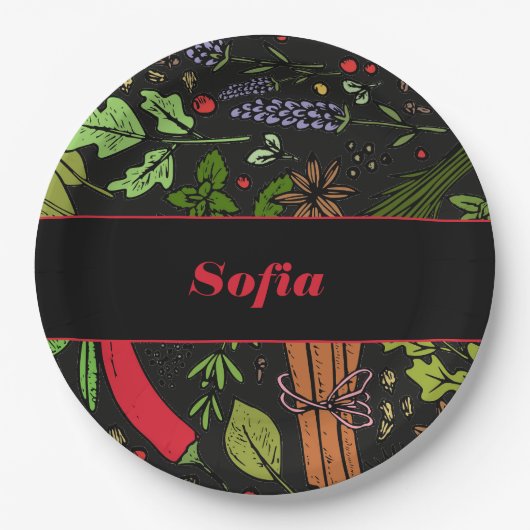 Bezeichnung des Gewürzmusters schwarz Pappteller (Vorderseite)