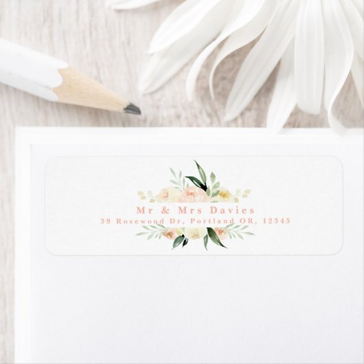 Bezeichnung für Aquarellpfirsiche und grüne Blumen (Insitu)