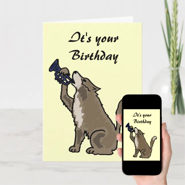 BH, SpaßWolf, der die TrompeteGeburtstagsKarte Karte Zazzle.de