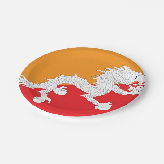 Bhutan Flag Design mit weißem Drachen Pappteller (Schrägansicht)