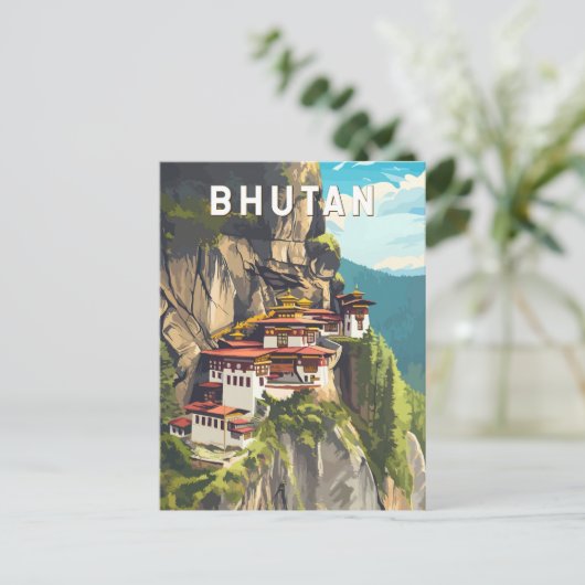 Bhutan Illustration Travel Art Vintag Postkarte (Stehend Vorderseite)