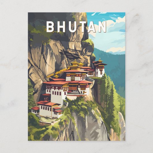Bhutan Illustration Travel Art Vintag Postkarte (Vorderseite)