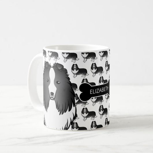 Bi-Black Cartoon Sheltie mit Dog Bone und Name Kaffeetasse (Vorderseite Links)