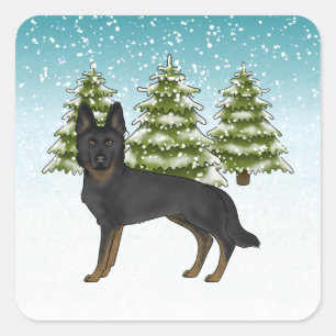 Bi-Black German Shepherd Blue Green Winter Forest Quadratischer Aufkleber