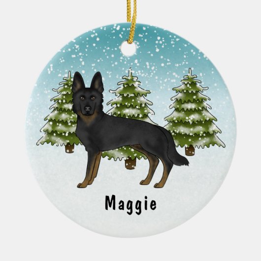 Bi-Black German Shepherd Dog Blue Winter Forest Keramik Ornament (Vorne)