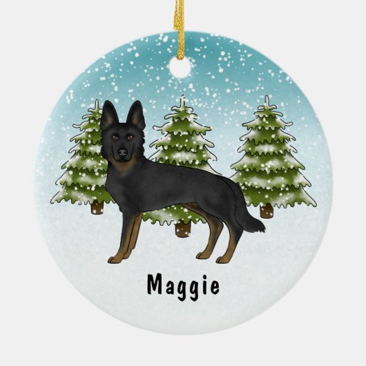 Bi-Black German Shepherd Dog Blue Winter Forest Keramik Ornament (Hinten)