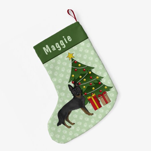 Bi-Black German Shepherd Dog Green Christmas Tree Kleiner Weihnachtsstrumpf (Rückseite (Hängend))